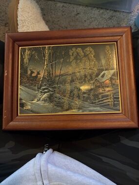 Framed Winter Cabin Painting - Brown and White